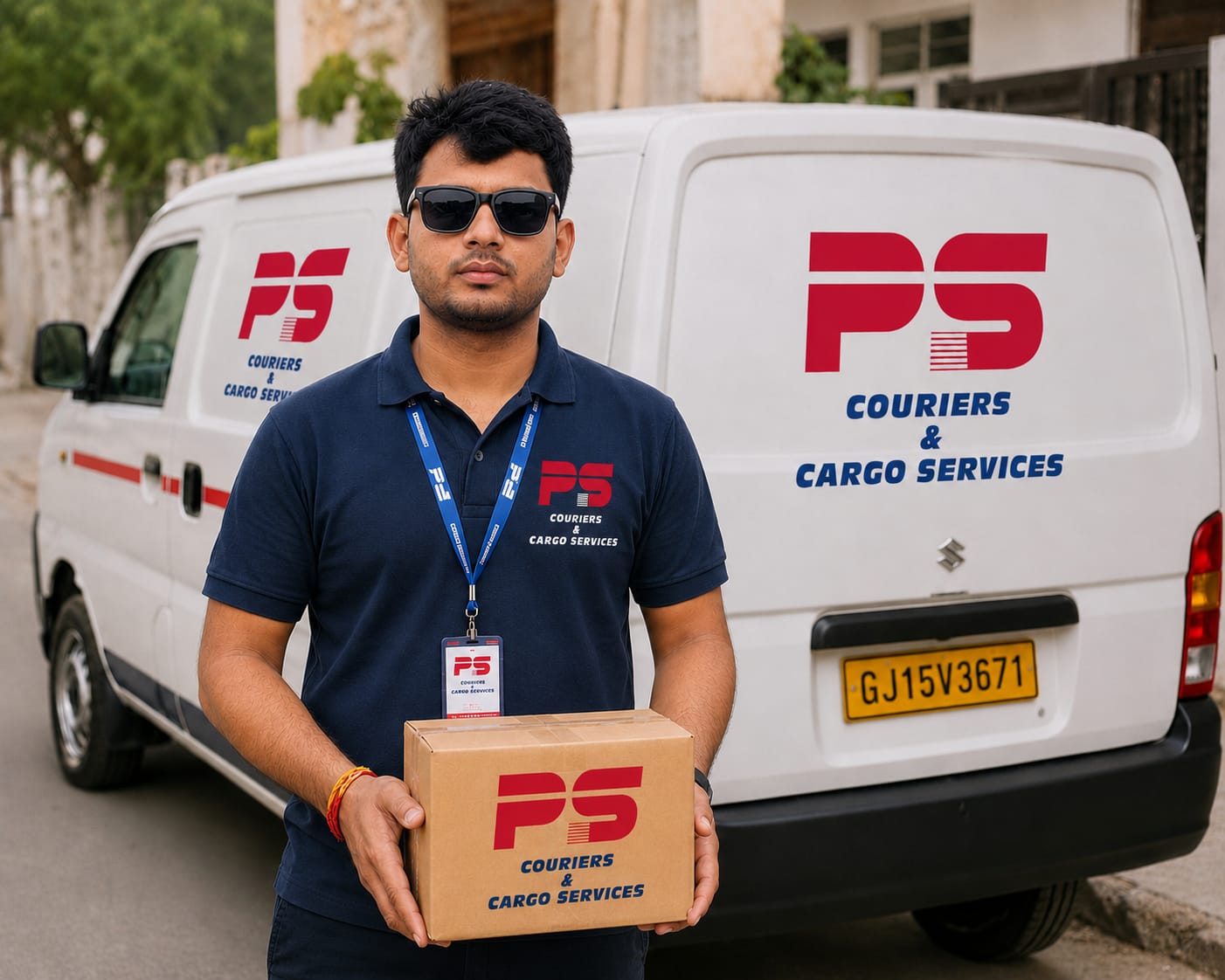 PS Couriers delivery executive with a parcel at the customer's door