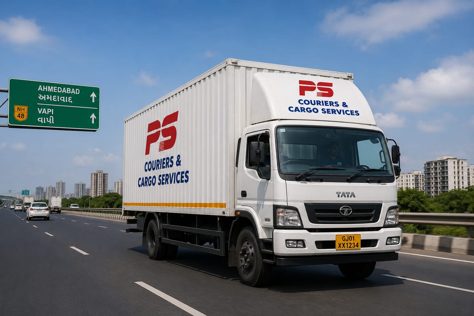 PS Couriers container truck on the Ahmedabad - Vapi highway